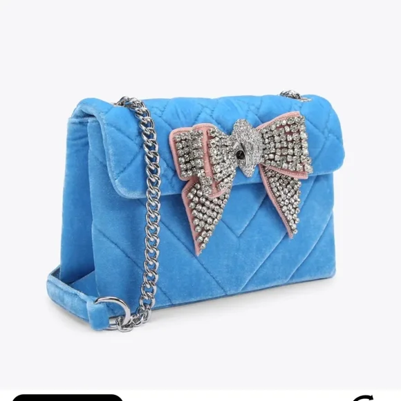 Kurt Geiger Blue Velvet Bag with Crystal Bow Rare Nwt & Dustcover - Picture 3 of 16